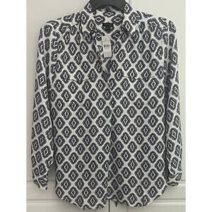 Ann Taylor Medallion Print Long Sleeve Blouse Split V-Neckline Size M  NWT